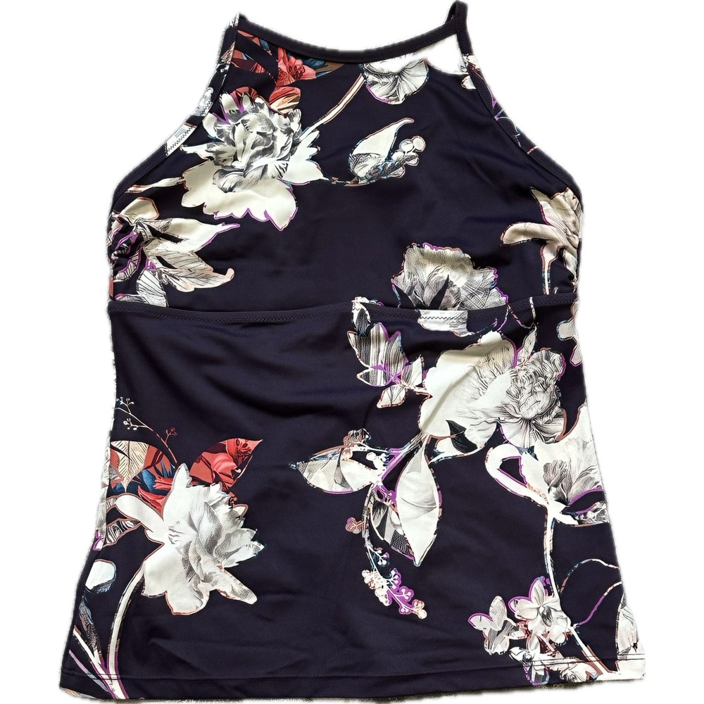 Athleta Tankini Top High Neck Floral Print Medium Navy Blue Tie Back Swimwear